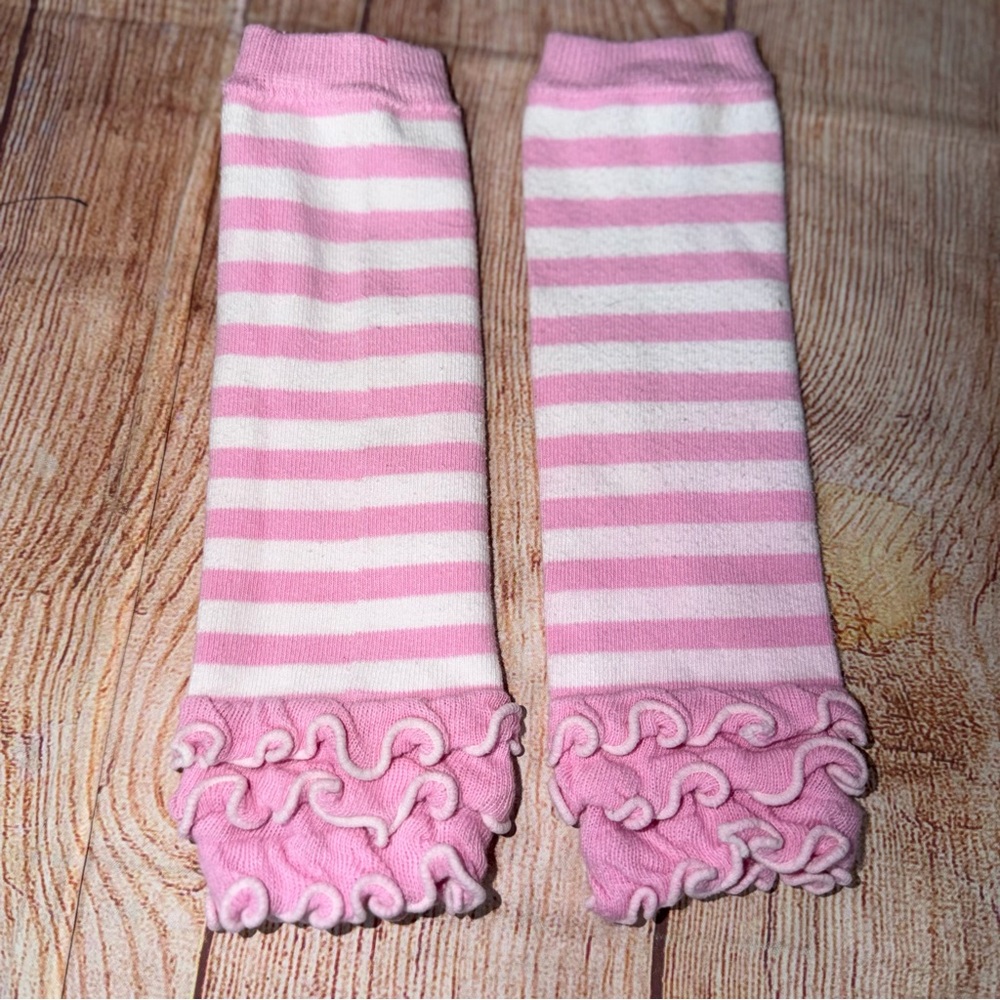 12-24 Month Pink and White Striped Leg Warmers with Ruffled Edges